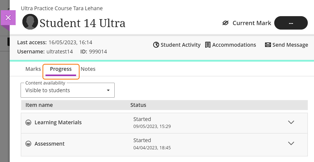 Screenshot of Progress Tab