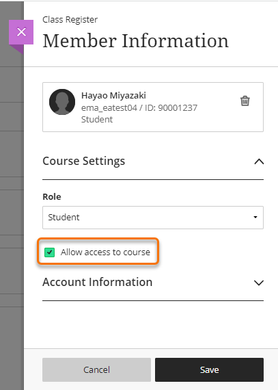Screenshot showing tick box removing users access to course