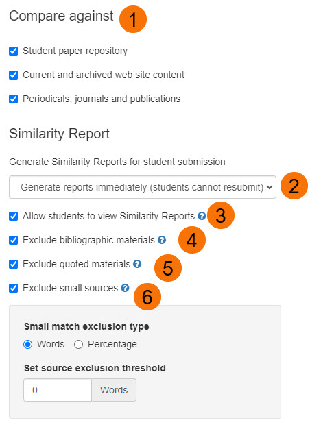 screenshot of similarity report options