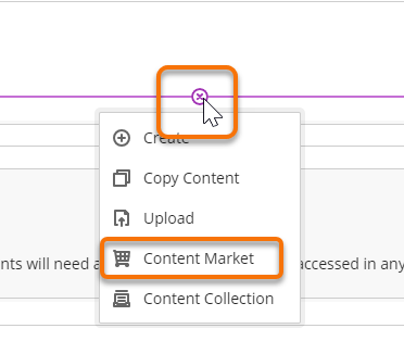 Add Content plus button menu selecting content market 