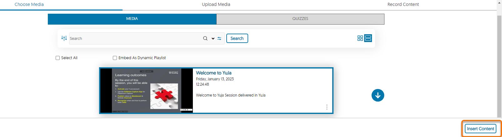 Video chosen in YuJa and Insert Content button