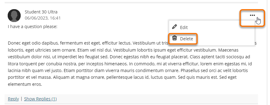 Discussion post More menu and delete post