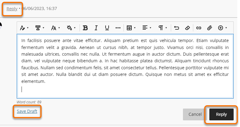 Reply buttons to open text box, and Save Draft or Reply buttons to post.