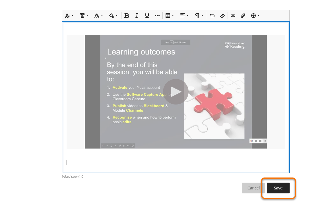 Displaying the chosen video embedded in the Blackboard content editor. Click Save.