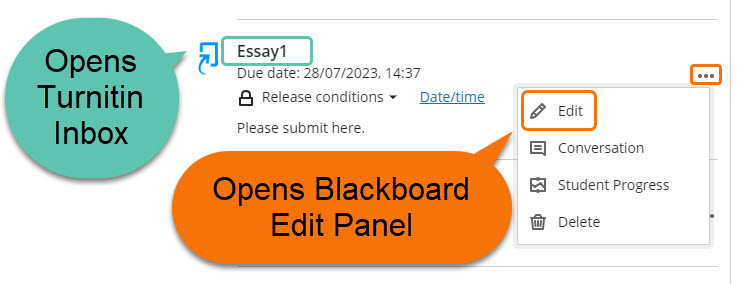 screenshot of Turnitin assignment inbox link and Blackboard edit menu