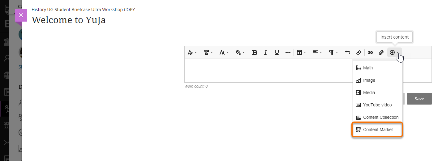 The Blackboard content editor showing the insert content menu and Content Market.