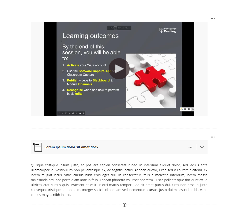 A Blackboard Ultra Document shown with an embeded YuJa Video and some further text and document as a seperate addition.