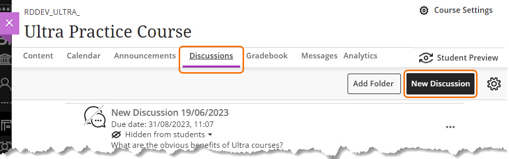 screenshot of Discussions tab and the "New Discussions" button on the Discussions page