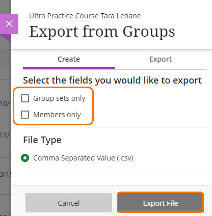 screenshot of Export Groups panel 