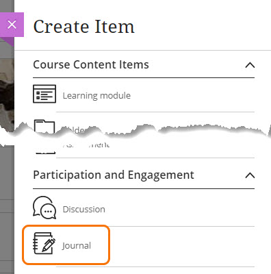 screenshot of Crete Item panel with Journal option circled.