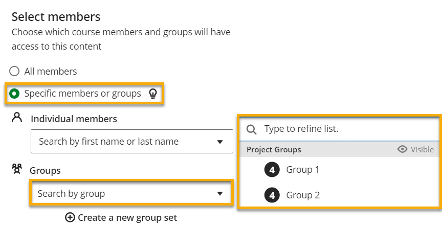 screenshot of the release conditions, specifying group conditions and selecting which groups can see the content