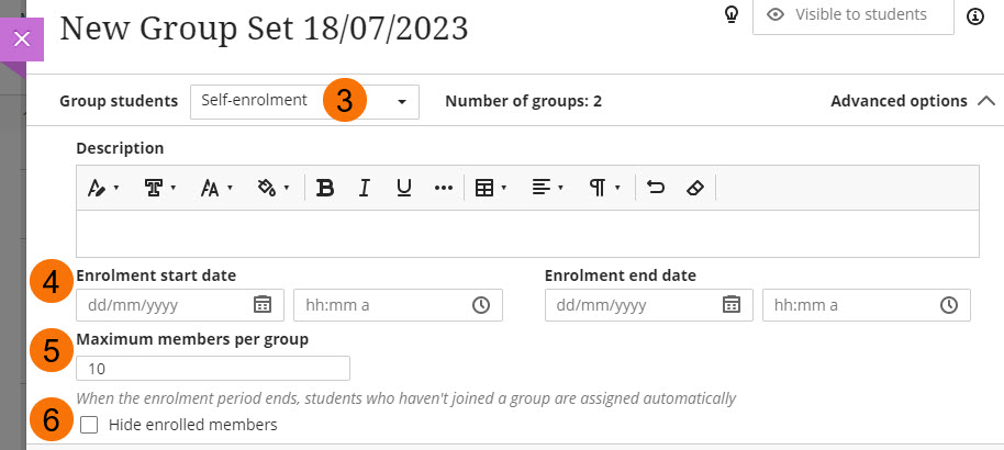 Screenshot of Self-enrol groups options, start/complete dates, Maximum number, hide members on/off