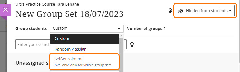 Screenshot of Self-enrol groups option - "available only for visible groups sets"
