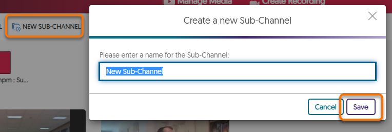 Highlighting Selecting a New Sub-channel and the Pop out window to Name and Save the Sub-channel