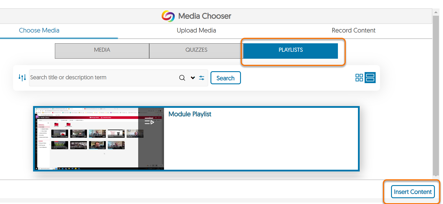 YuJa media chooser, selecting Playlist tab option and inserting the relevant playlist.