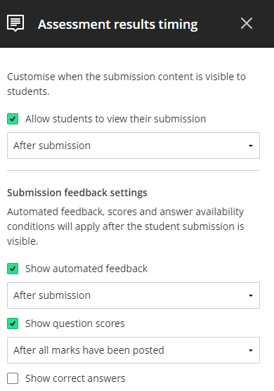 Expanded results options menu with timings of when to show submission feedback. - text in adjacent column