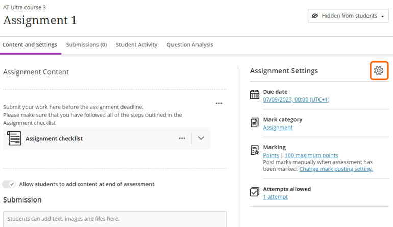 Assignment Settings - Technology Enhanced Learning Support for Staff