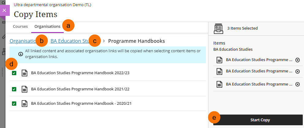 screenshot of copy items screen.
