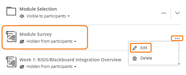 screenshot of Ultra document on course content with three dot menu open.