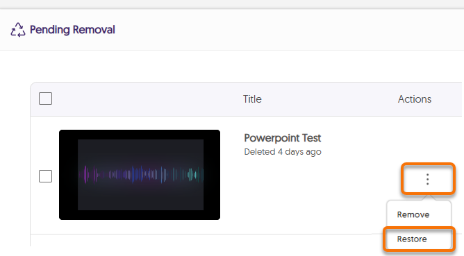 Recycle bin three dot menu highlighting Restore in the options