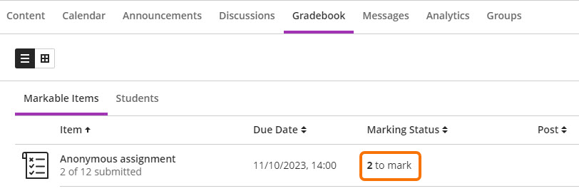 Screenshot showing how to access anonymous submissions from the Gradebook.