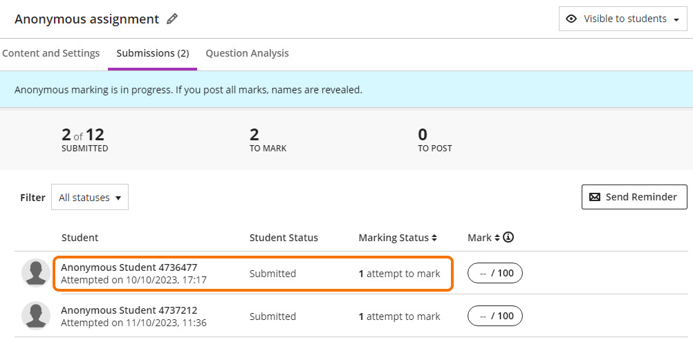 Screenshot showing how to access an anonymous submission to mark