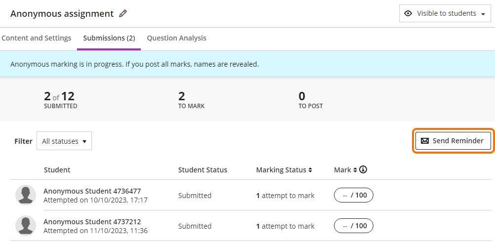Anonymous assignment - send reminder