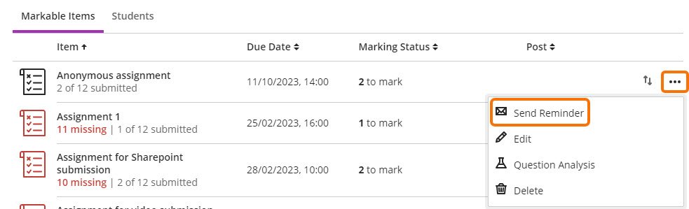 Anonymous assignment - send reminder from Gradebook