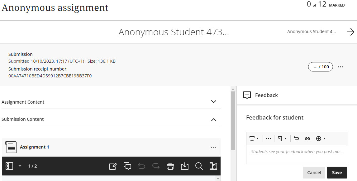 Screenshot of the marking interface for an anonymous Assignment submission