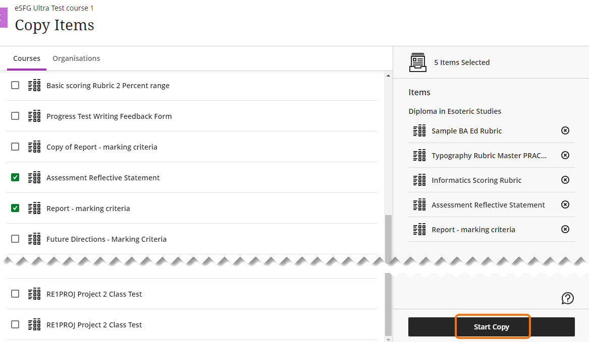 Copy selected rubrics