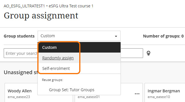 Screenshot showing the dropdown list for creating new groups for an assignment
