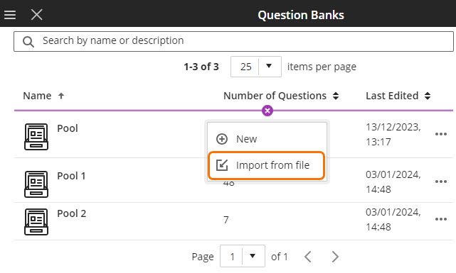 Screenshot of Question Banks page with the menu open and the Import from file option selected. 