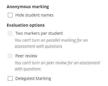 Screenshot of Blackboard Assignment settings when a question has been added. 