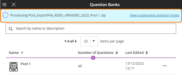 Screenshot of Question Banks page with the imported file processing. 