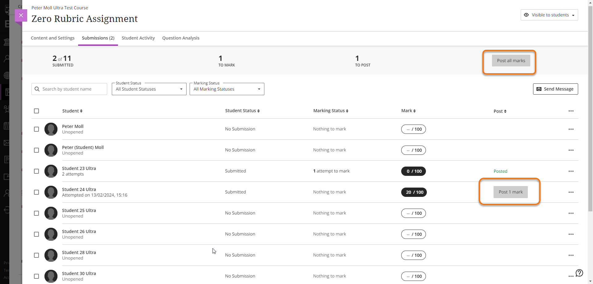 Highlighting Post Marks for one student or Post All Marks button at top of submissions list.