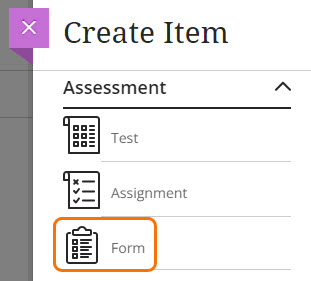 Screenshot of Create Item panel with Form option highlighted. 