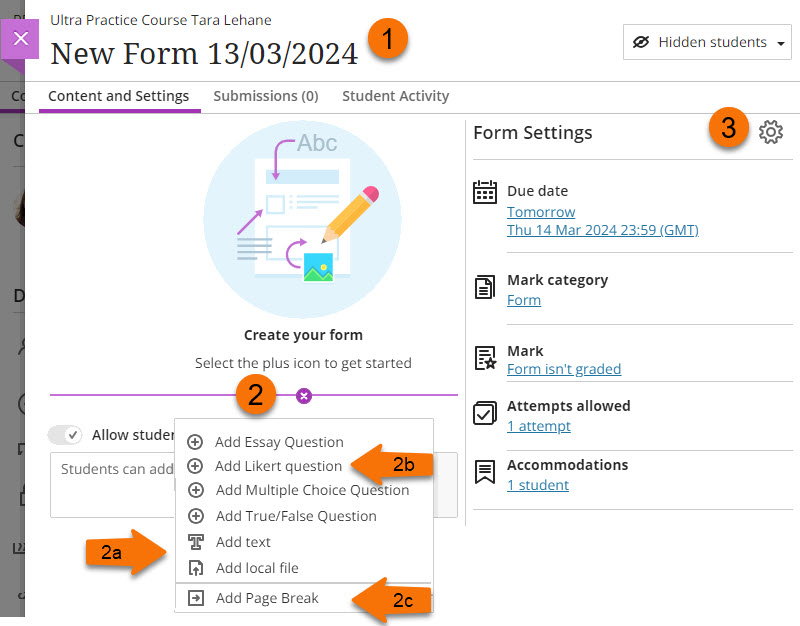Screenshot of new form page with steps 1-3 marked on it. 