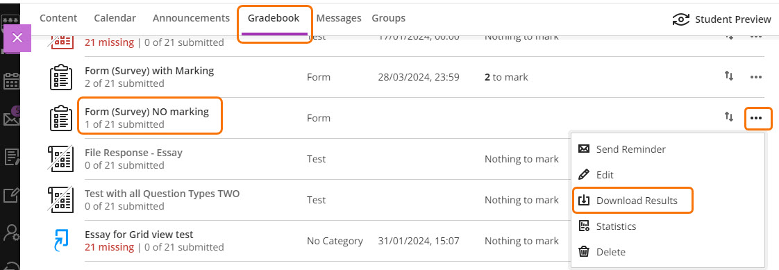 Screenshot of Gradebook list view with the three dots menu open and Download Results option highlighted. 