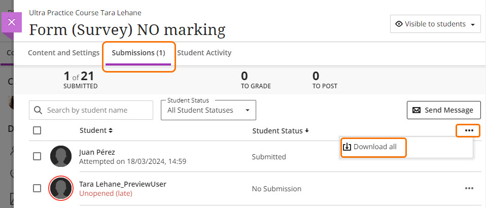screenshot of Submissions to a Form with Download Results option showing