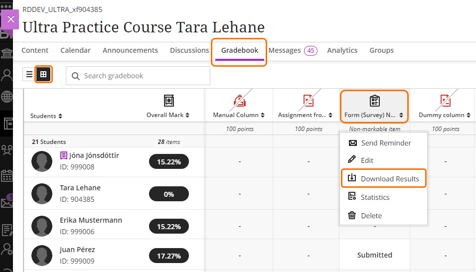 screenshot of Gradebook grid view with Download results option highlighted. 