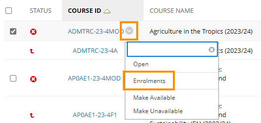 Screenshot of Courses on the System Admin screen, highlighting the contextual menu and 'Enrolments' option.