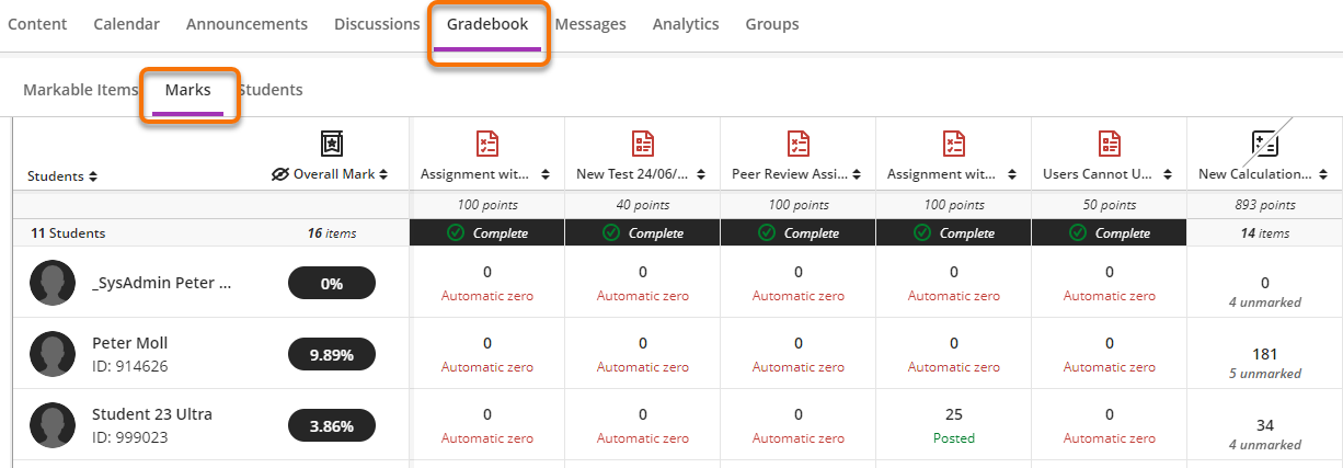 Gradebook grid view accessed by the Marks Tab showing various students and their individual marks.