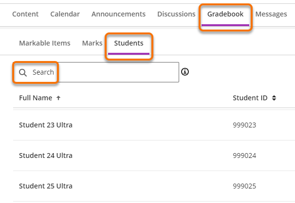 Gradebook Student tab showing list of students and showing search function