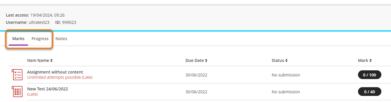 Marks and Progess for an individual student.