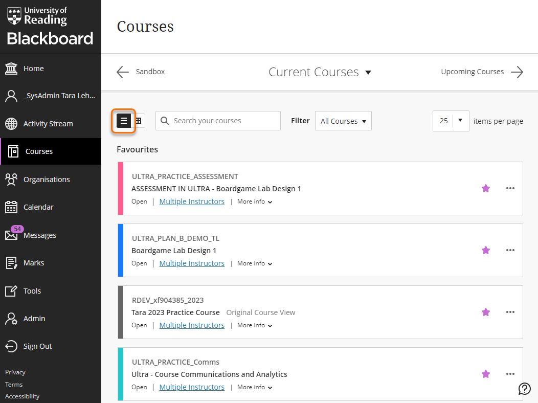 screenshot of courses in list view