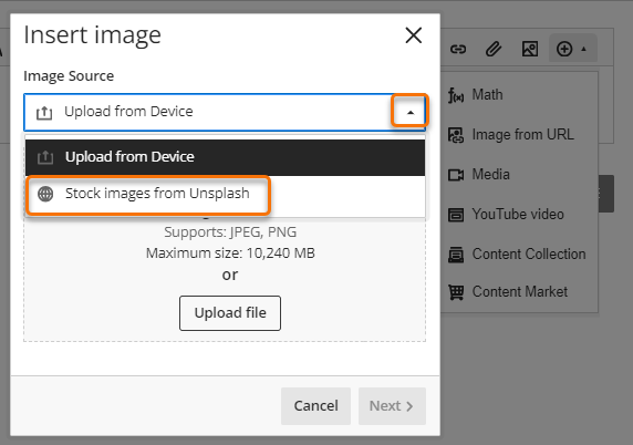 Screenshot of the Insert image with the "Stock images from Unsplash" option highlighted. 