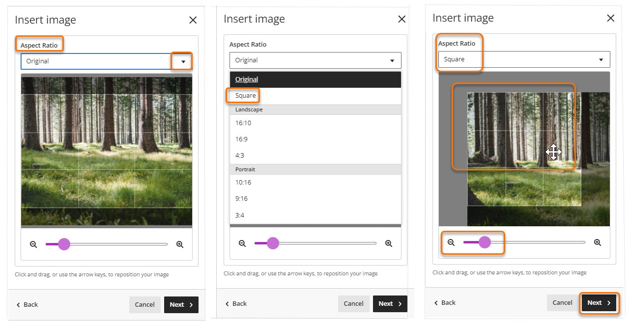 Screenshots of the image repositioning screens.