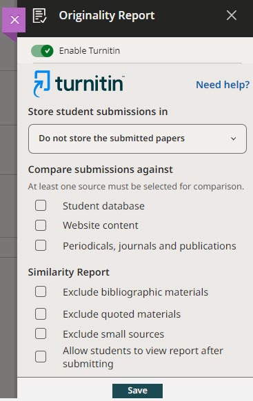 Screenshot of Turnitin settings including what to compare against, and what to exclude i.e. bibliographic materials. 