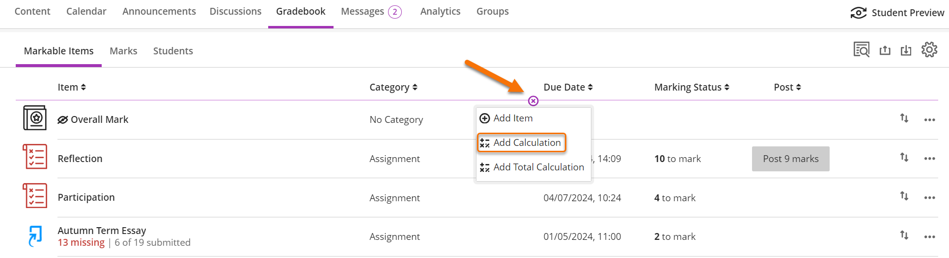 Screenshot showing the location of the plus icon in the markable items view. The icon is highlighted with an orange arrow