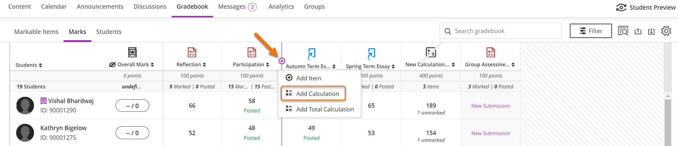 Screenshot showing the location of the plus icon in the marks view. The icon is highlighted with an orange arrow